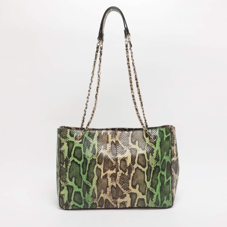 Pre Owned DKNY Green/Beige Python Embossed Leather Chain Tote