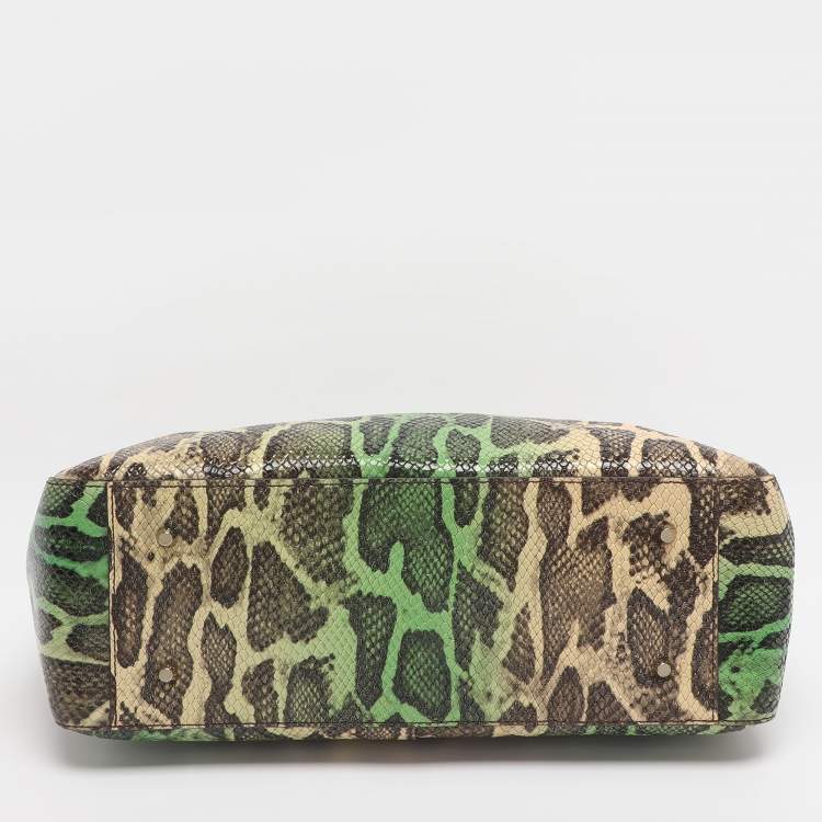 Pre Owned DKNY Green/Beige Python Embossed Leather Chain Tote