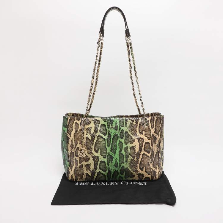 Pre Owned DKNY Green/Beige Python Embossed Leather Chain Tote