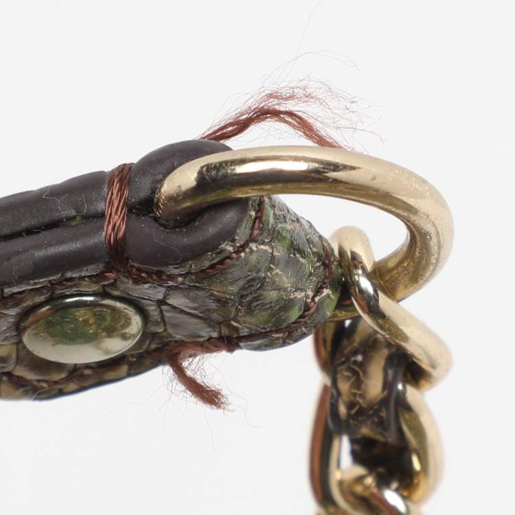 Pre Owned DKNY Green/Beige Python Embossed Leather Chain Tote