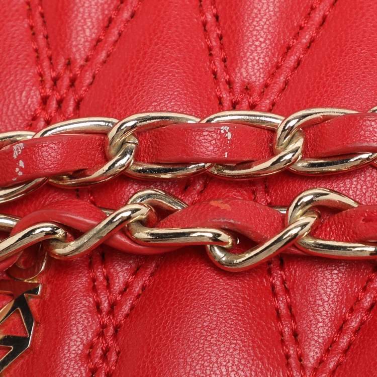 Pre Owned DKNY Red Quilted Leather Flap Chain Crossbody Bag