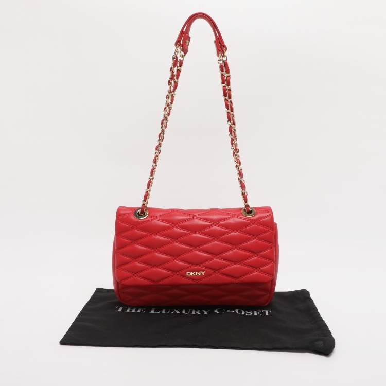 Pre Owned DKNY Red Quilted Leather Flap Chain Crossbody Bag