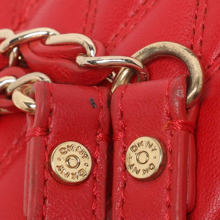 Pre Owned DKNY Red Quilted Leather Flap Chain Crossbody Bag