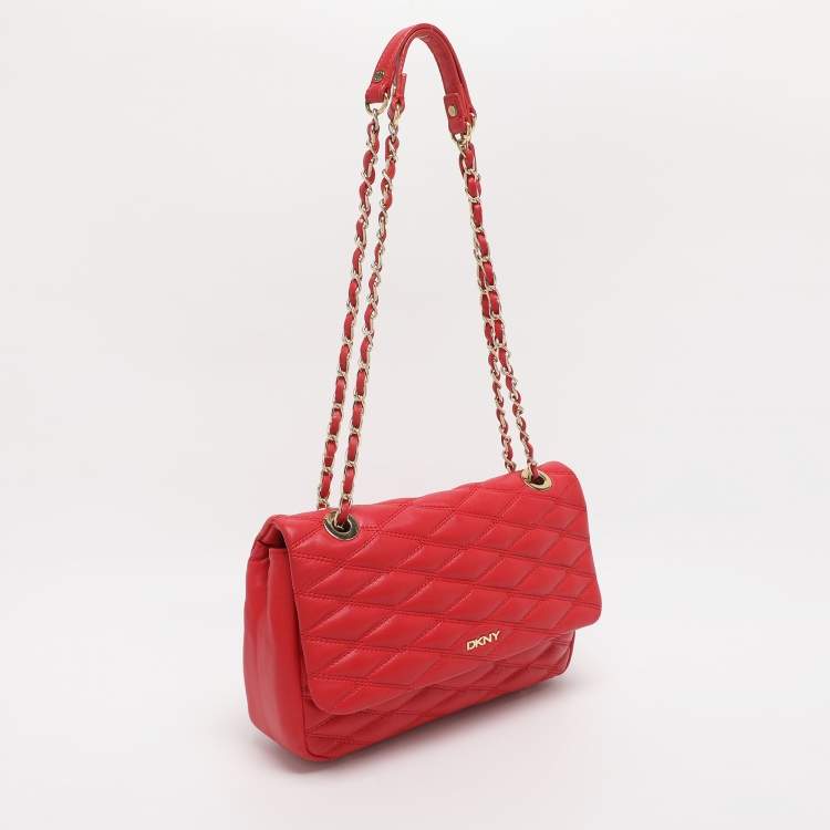 Pre Owned DKNY Red Quilted Leather Flap Chain Crossbody Bag