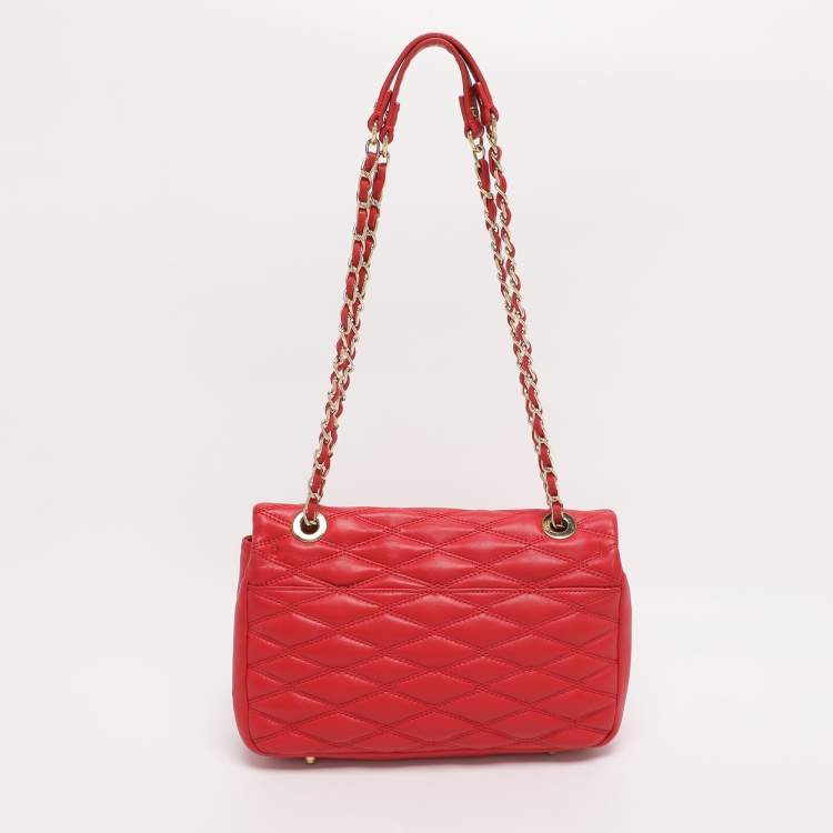 Pre Owned DKNY Red Quilted Leather Flap Chain Crossbody Bag