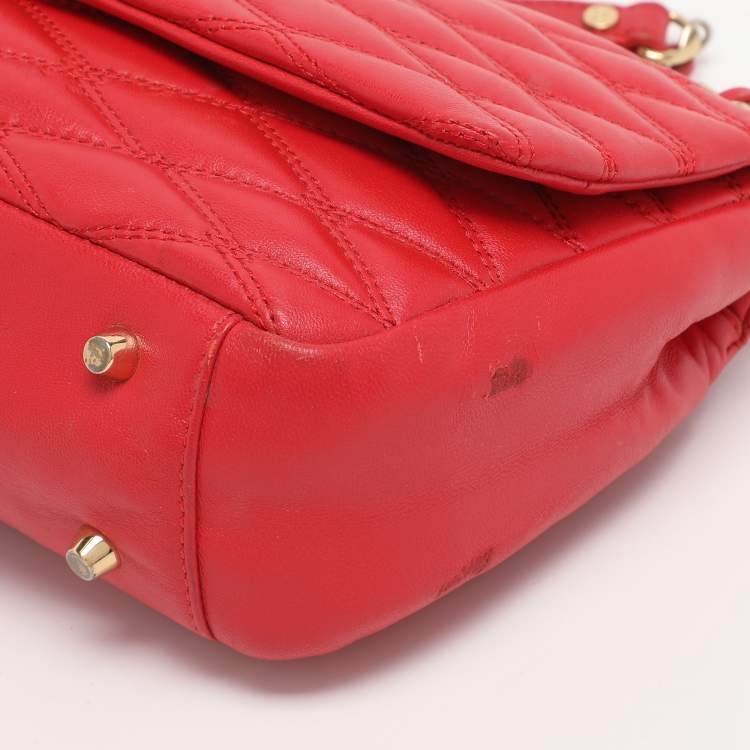 Pre Owned DKNY Red Quilted Leather Flap Chain Crossbody Bag
