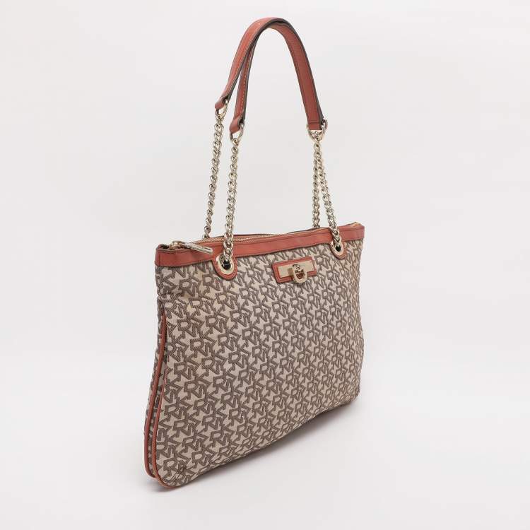 Pre Owned DKNY Brick Red/Beige Signature Coated Canvas And Leather Bryant Chain Shoulder Bag