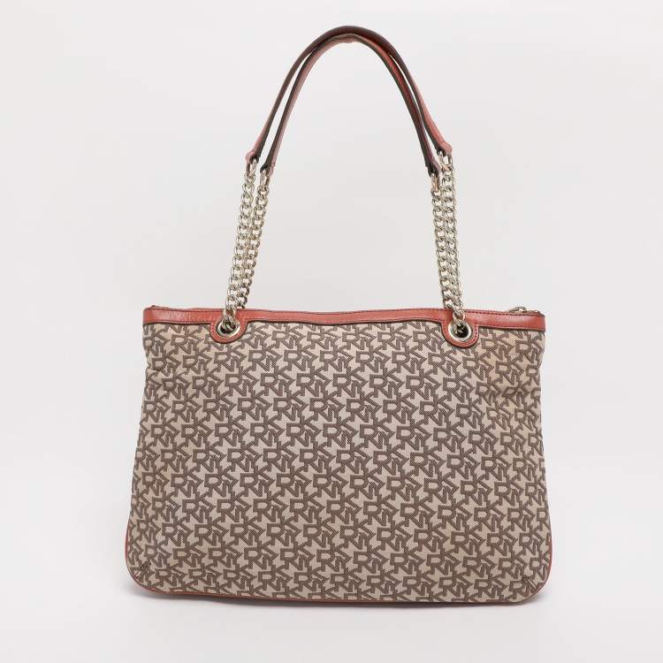 Pre Owned DKNY Brick Red/Beige Signature Coated Canvas And Leather Bryant Chain Shoulder Bag