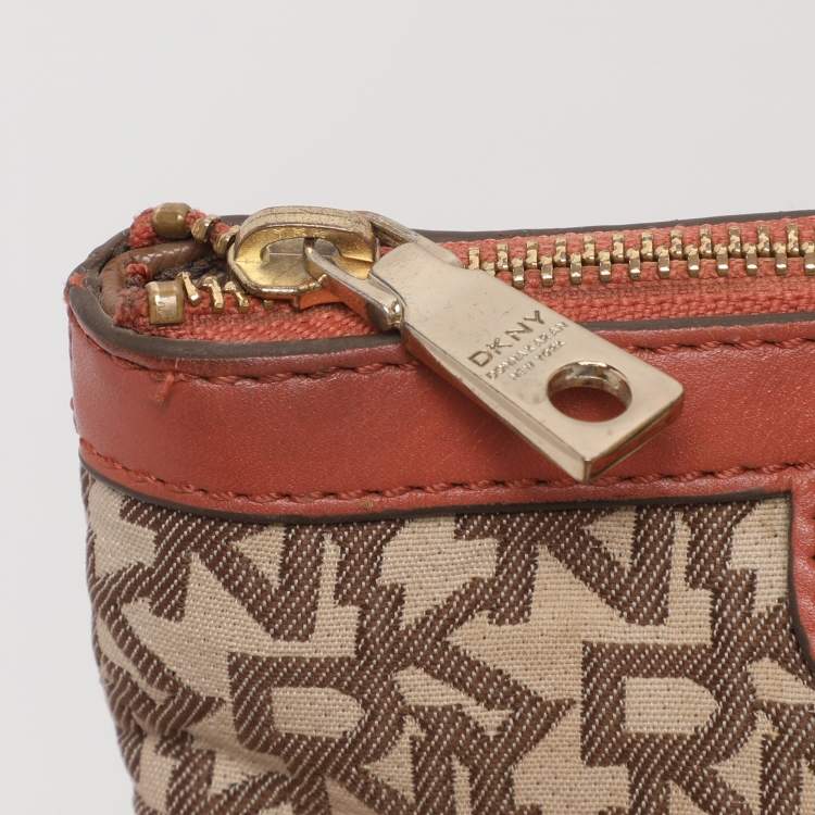 Pre Owned DKNY Brick Red/Beige Signature Coated Canvas And Leather Bryant Chain Shoulder Bag