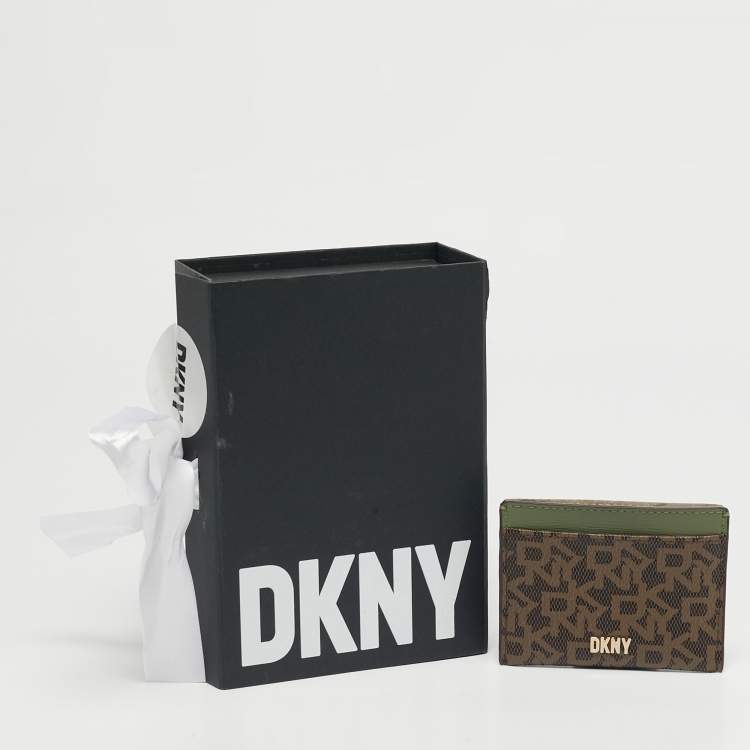Pre Owned Dkny Brown/Green Monogram Coated Canvas and Leather Logo Card Holder