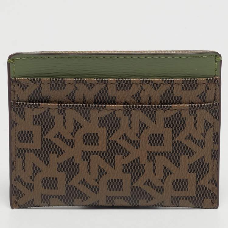 Pre Owned Dkny Brown/Green Monogram Coated Canvas and Leather Logo Card Holder