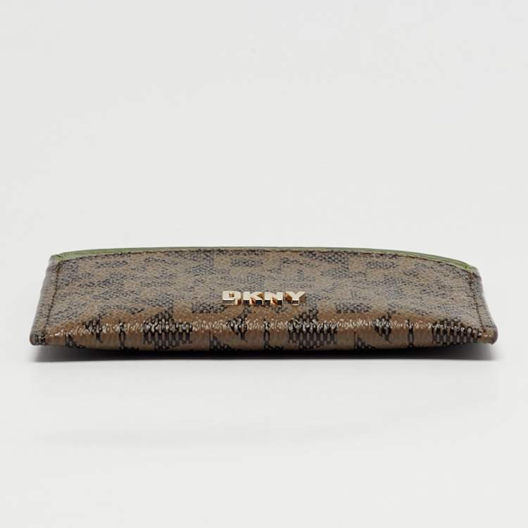 Pre Owned Dkny Brown/Green Monogram Coated Canvas and Leather Logo Card Holder