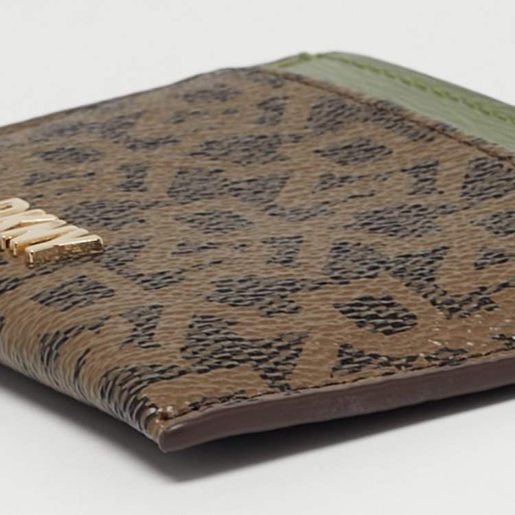 Pre Owned Dkny Brown/Green Monogram Coated Canvas and Leather Logo Card Holder