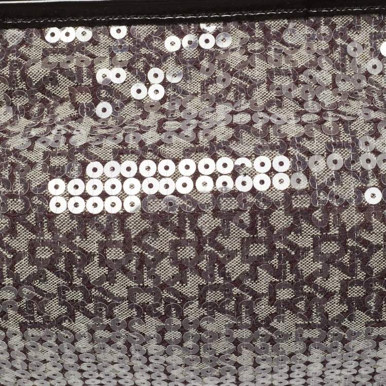 Pre Owned DKNY Monogram Plum Fabric, Patent Leather and Sequins Shoulder Bag
