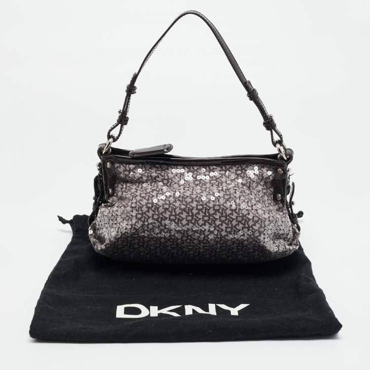 Pre Owned DKNY Monogram Plum Fabric, Patent Leather and Sequins Shoulder Bag