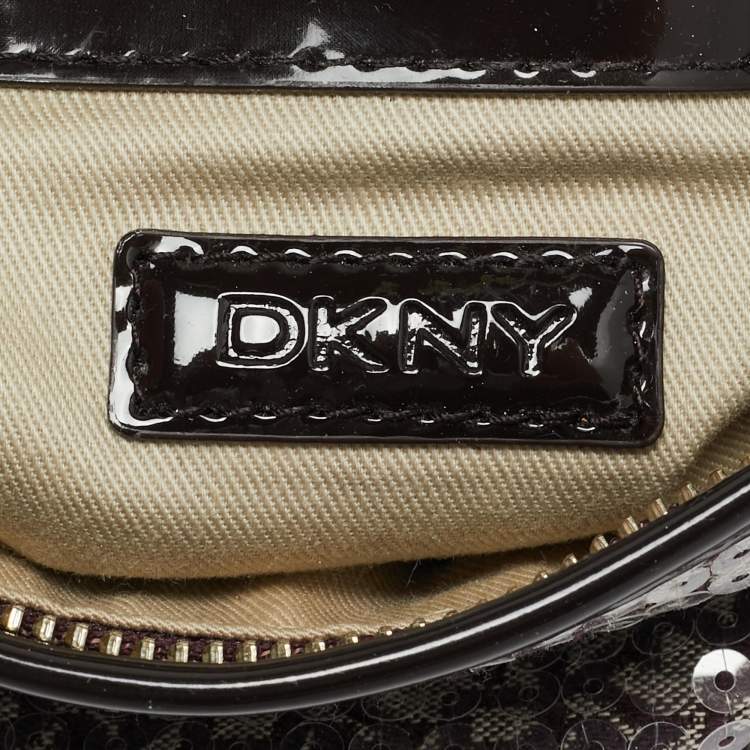 Pre Owned DKNY Monogram Plum Fabric, Patent Leather and Sequins Shoulder Bag