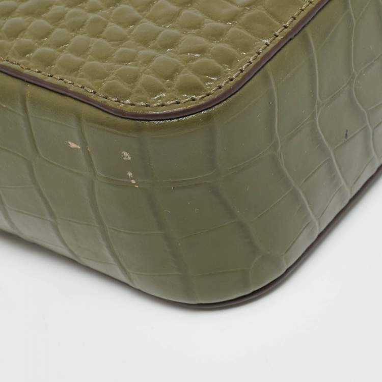 Pre Owned DKNY Double Zip Olive Green Croc Embossed Leather Crossbody Bag
