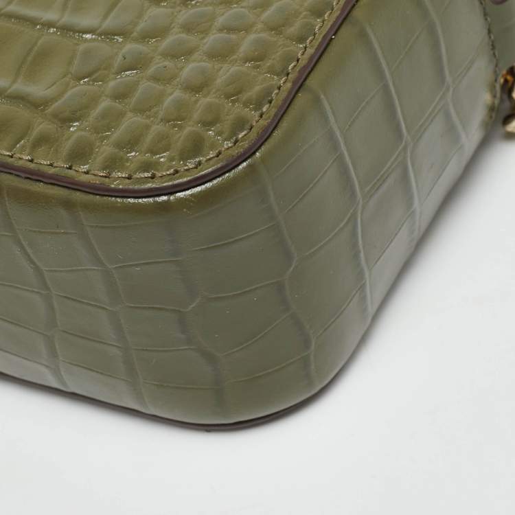 Pre Owned DKNY Double Zip Olive Green Croc Embossed Leather Crossbody Bag