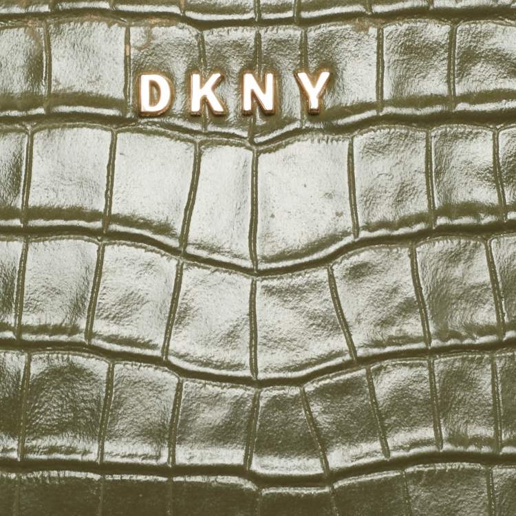 Pre Owned DKNY Double Zip Olive Green Croc Embossed Leather Crossbody Bag