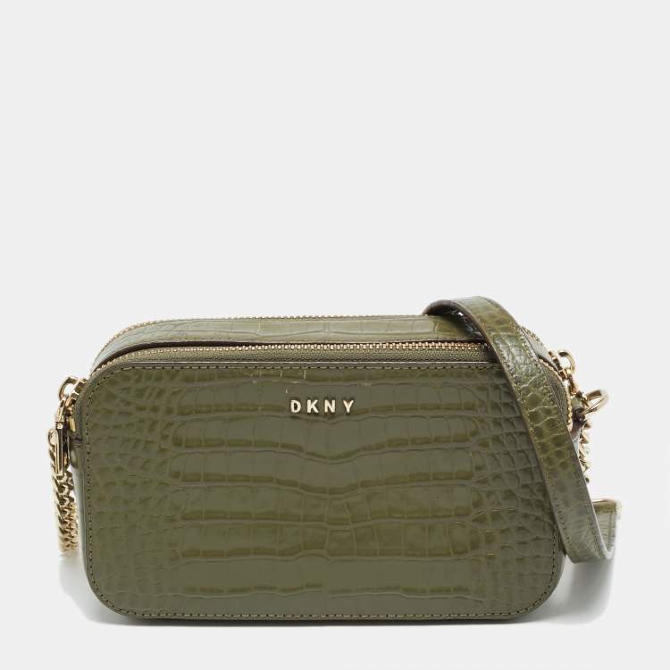 Pre Owned DKNY Double Zip Olive Green Croc Embossed Leather Crossbody Bag