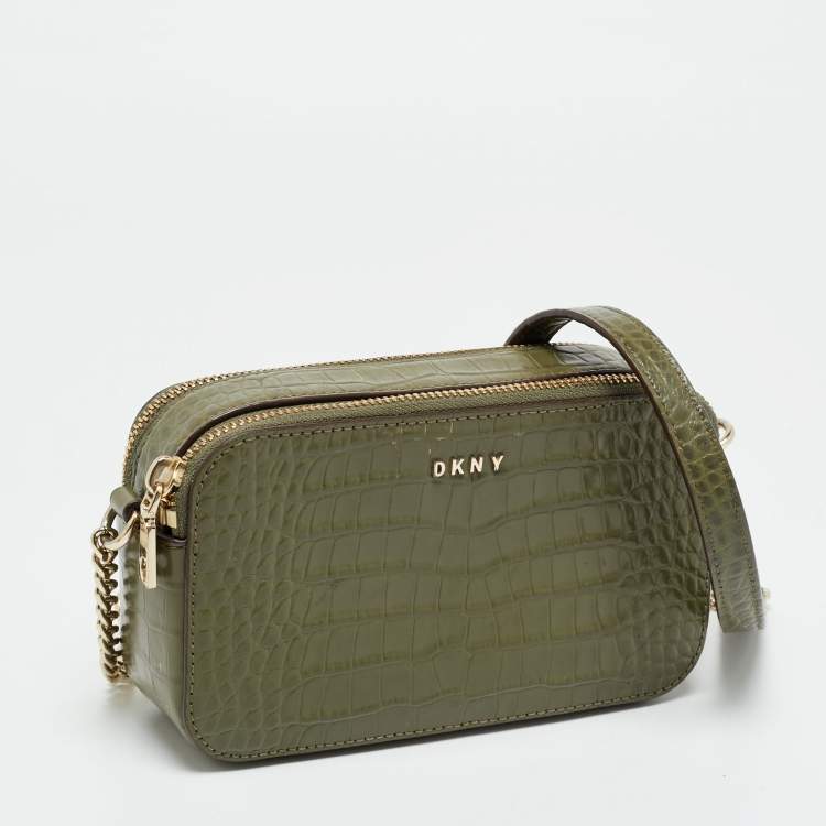 Pre Owned DKNY Double Zip Olive Green Croc Embossed Leather Crossbody Bag
