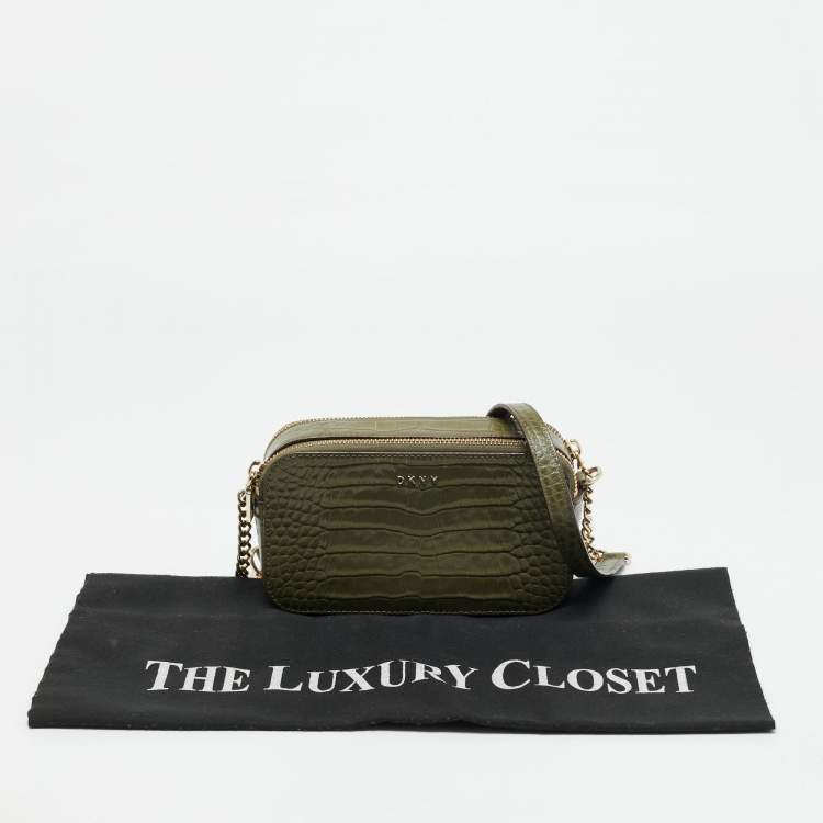Pre Owned DKNY Double Zip Olive Green Croc Embossed Leather Crossbody Bag