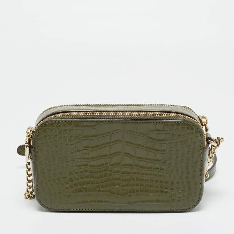 Pre Owned DKNY Double Zip Olive Green Croc Embossed Leather Crossbody Bag