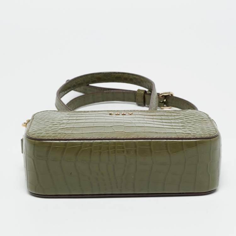 Pre Owned DKNY Double Zip Olive Green Croc Embossed Leather Crossbody Bag
