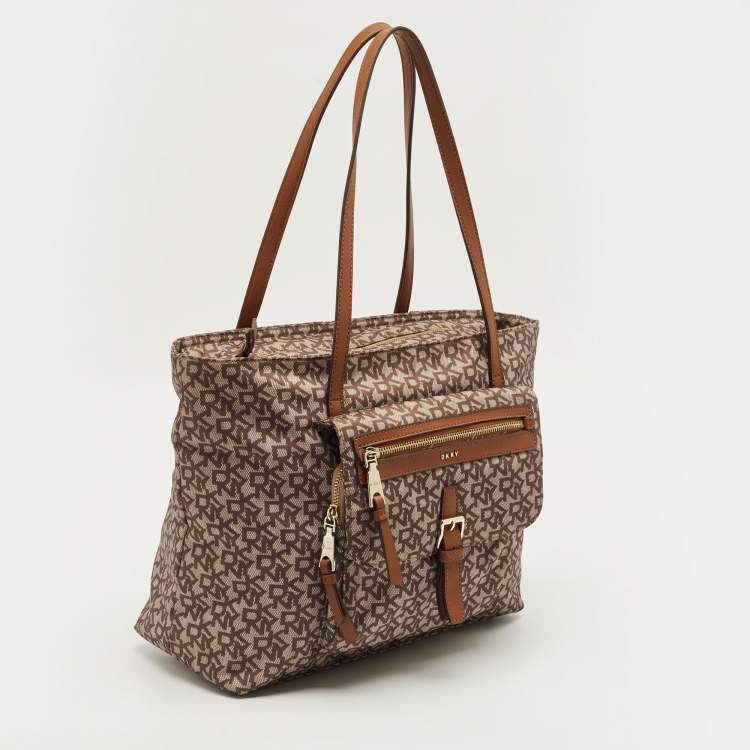 Pre Owned DKNY Cora Brown Monogram Fabric and Leather Tote