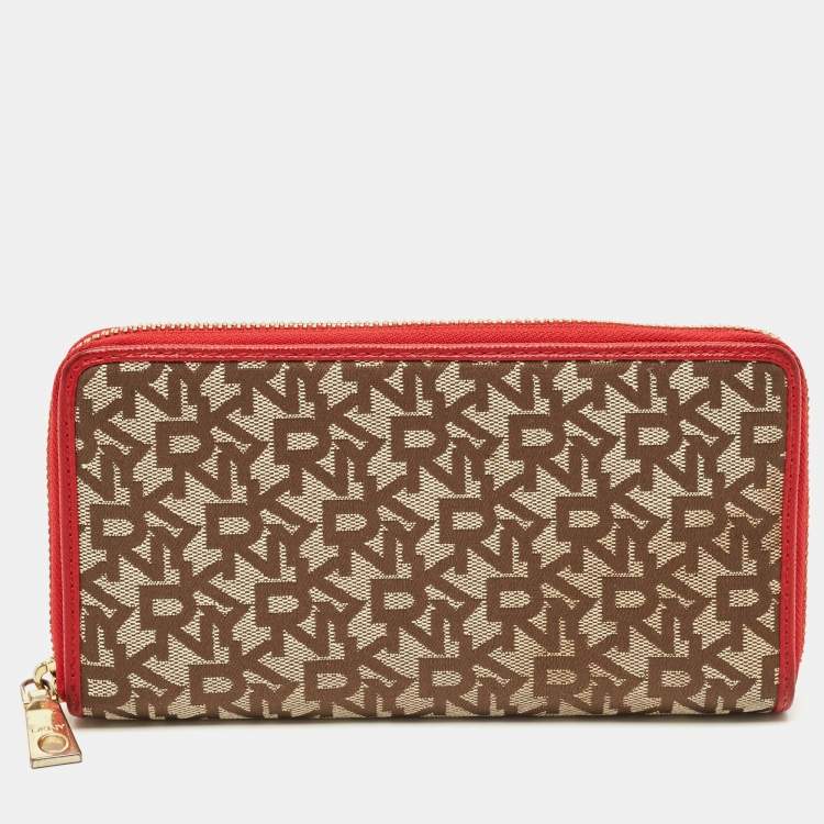 مملوكة مسبقًا Dkny Beige/Red Monogram Fabric Zip Continental Wallet