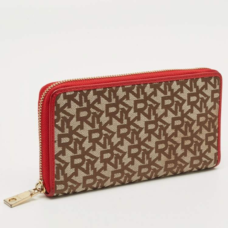 مملوكة مسبقًا Dkny Beige/Red Monogram Fabric Zip Continental Wallet