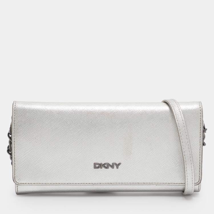 Pre Owned DKNY Flap Silver Leather Wallet On Chain
