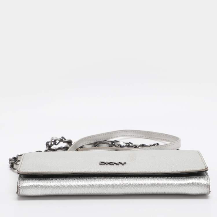 Pre Owned DKNY Flap Silver Leather Wallet On Chain