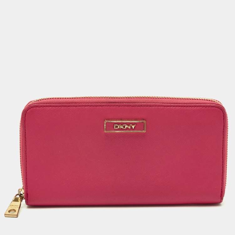 Pre Owned DKNY Pink Leather Logo Zip Continental Wallet
