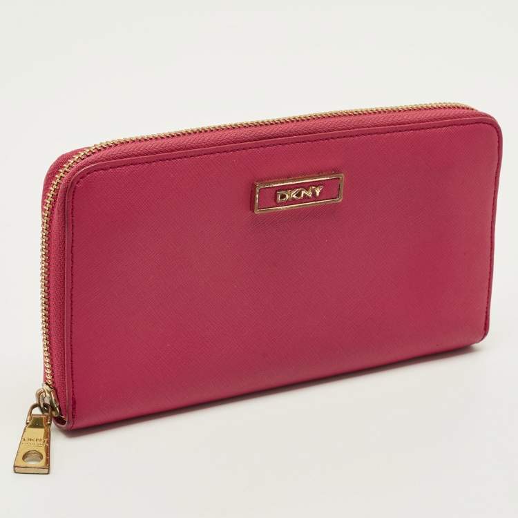 Pre Owned DKNY Pink Leather Logo Zip Continental Wallet