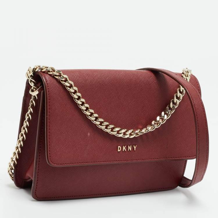 Pre Owned DKNY Bryant Park Dark Red Leather Flap Crossbody Bag