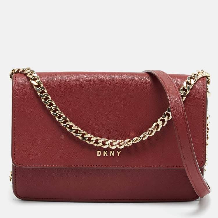 Pre Owned DKNY Bryant Park Dark Red Leather Flap Crossbody Bag