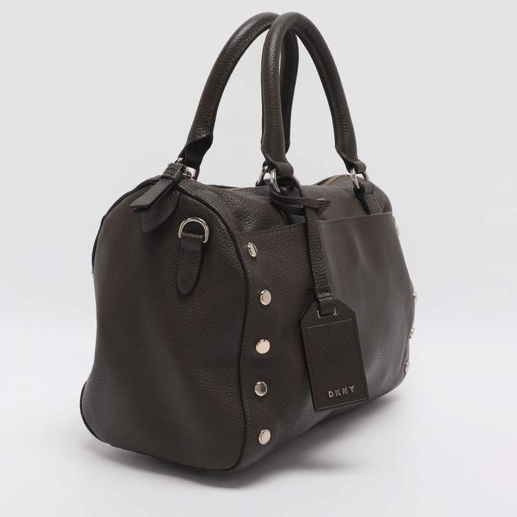 Pre Owned DKNY Studded Grey Leather Boston Bag