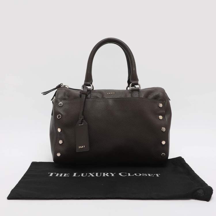 Pre Owned DKNY Studded Grey Leather Boston Bag