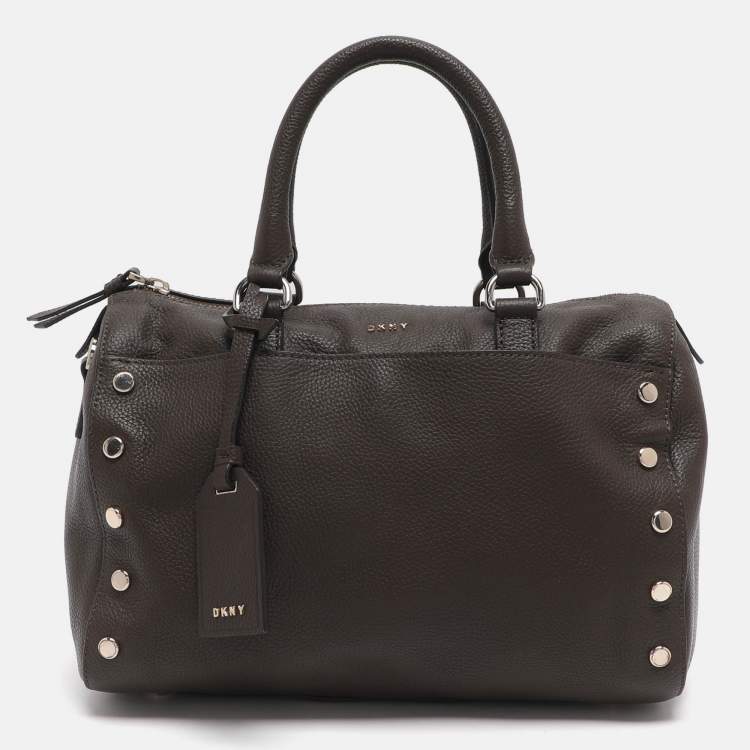 Pre Owned DKNY Studded Grey Leather Boston Bag