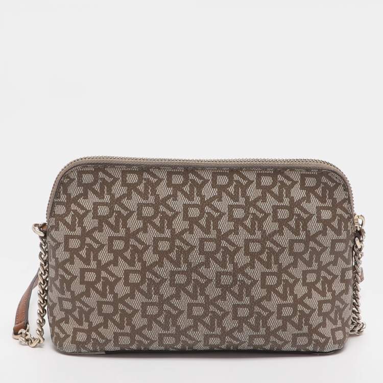Pre Owned DKNY Brown/Beige Signature Coated Canvas Dome Crossbody Bag