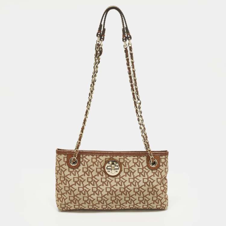 Pre Owned DKNY Beige/Brown Signature Canvas and Leather Chain Shoulder Bag