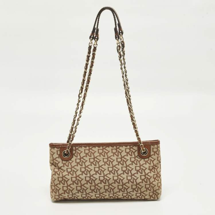 Pre Owned DKNY Beige/Brown Signature Canvas and Leather Chain Shoulder Bag