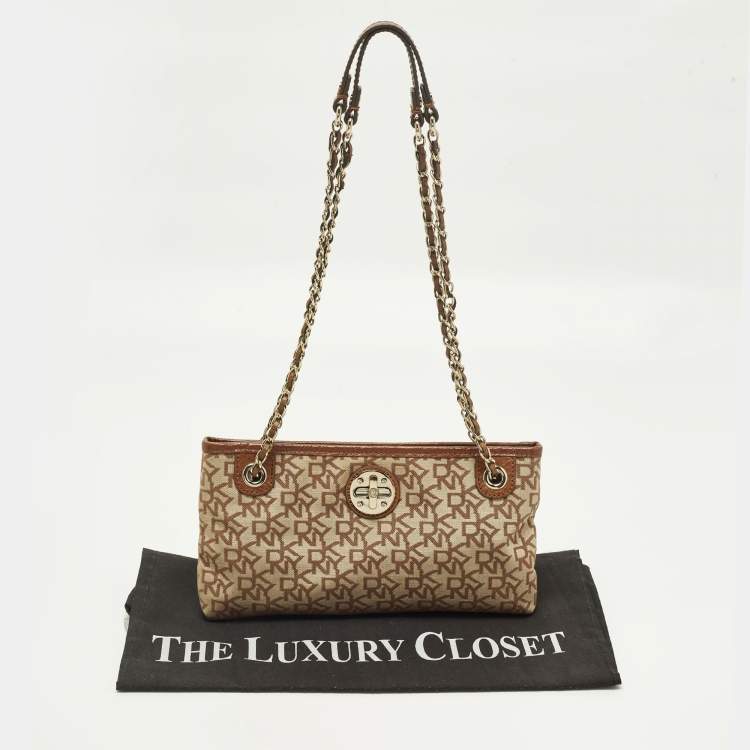 Pre Owned DKNY Beige/Brown Signature Canvas and Leather Chain Shoulder Bag