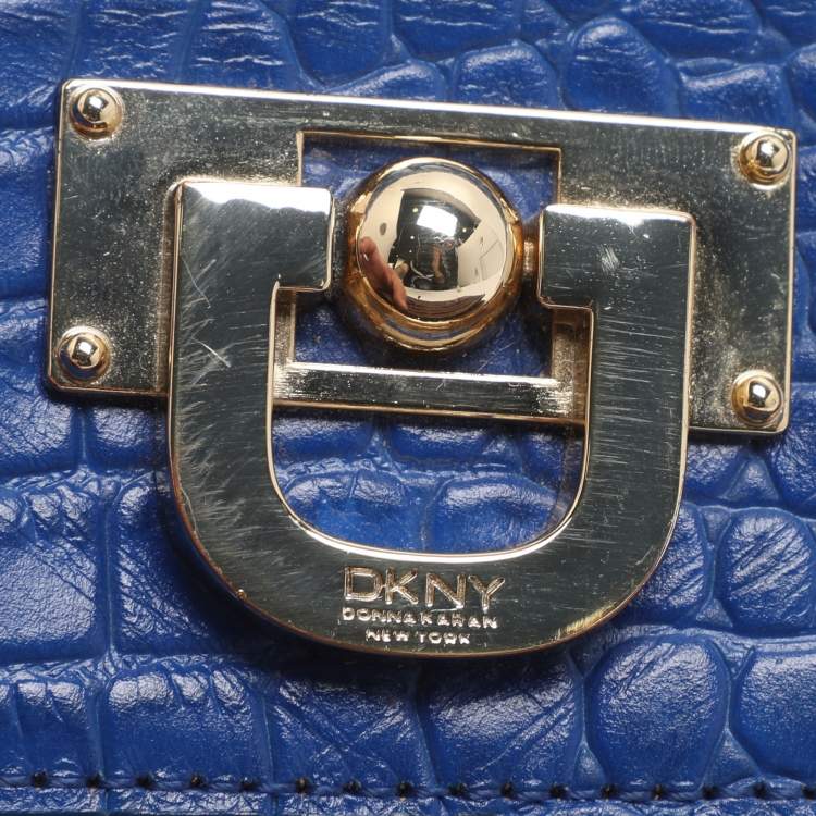 Pre Owned DKNY Blue Croc Embossed Leather Trifold Wallet