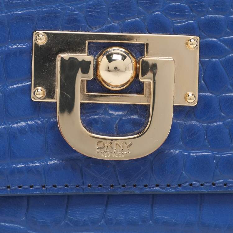 Pre Owned DKNY Blue Croc Embossed Leather Trifold Wallet