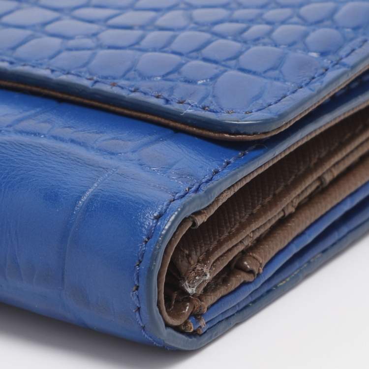 Pre Owned DKNY Blue Croc Embossed Leather Trifold Wallet