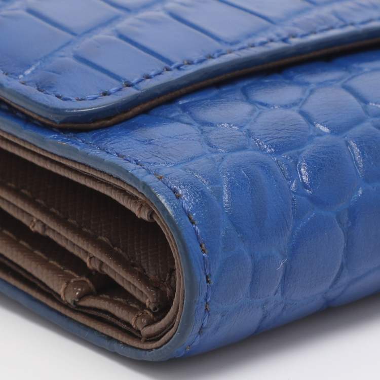 Pre Owned DKNY Blue Croc Embossed Leather Trifold Wallet