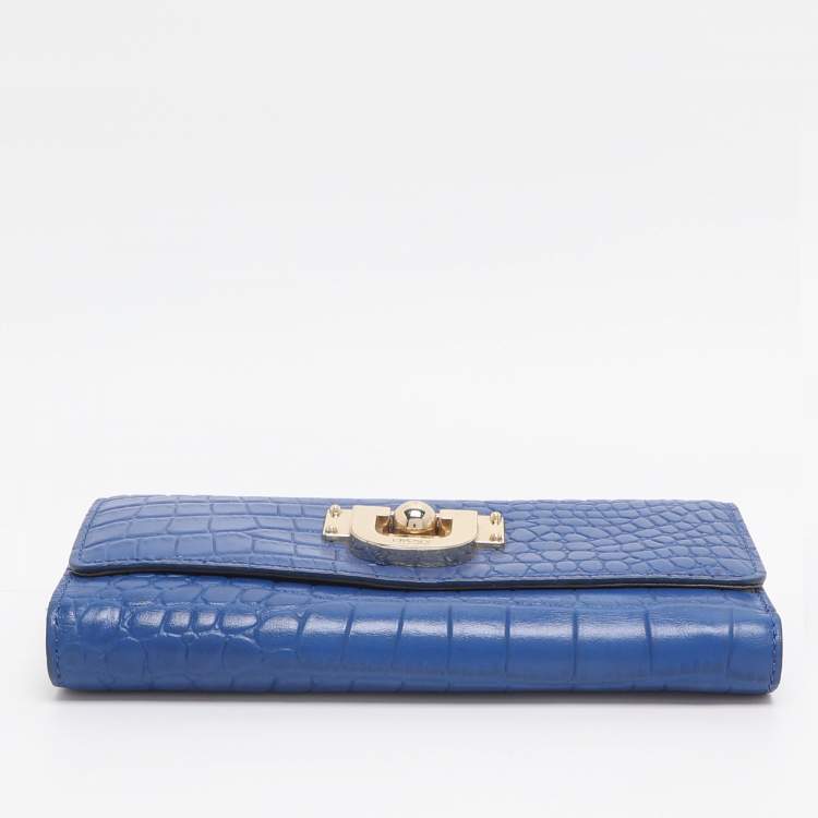 Pre Owned DKNY Blue Croc Embossed Leather Trifold Wallet