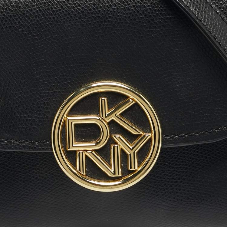 Pre Owned DKNY Black Leather Logo Flap Crossbody Bag
